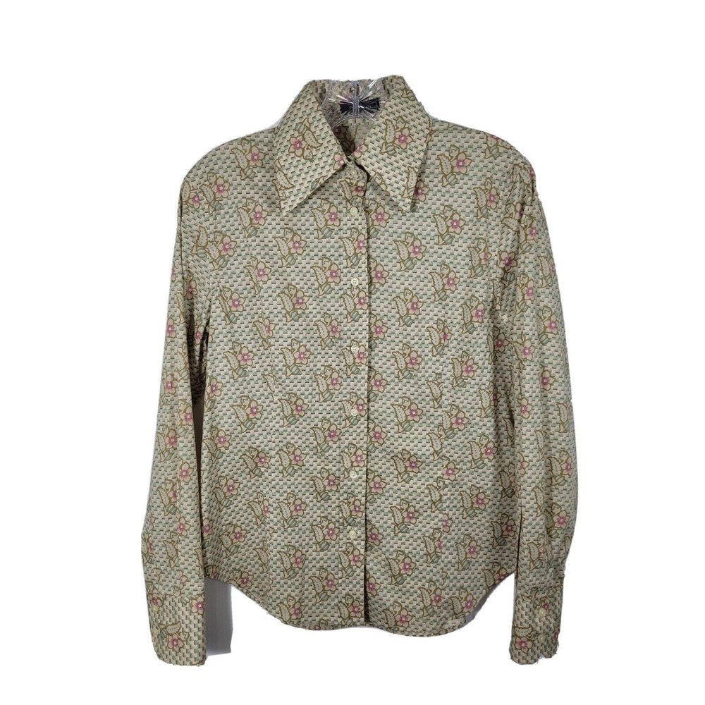 ETRO Size 44 medium cream & Green Floral Cotton Button Up Long Sleeve Shirt